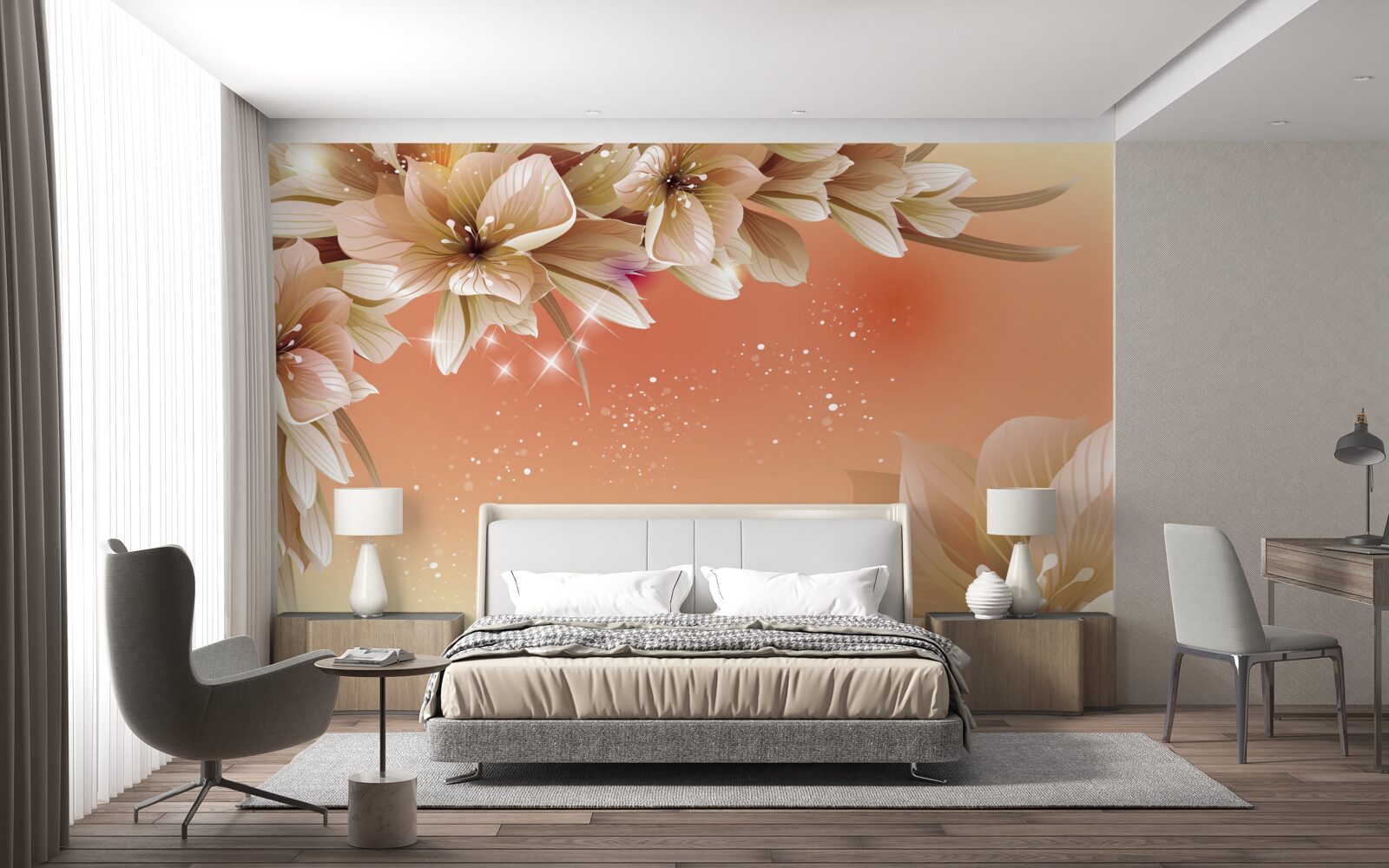 Fototapeta białe kwiaty kwitnące na gałęzi na tle zachodzącego słońca