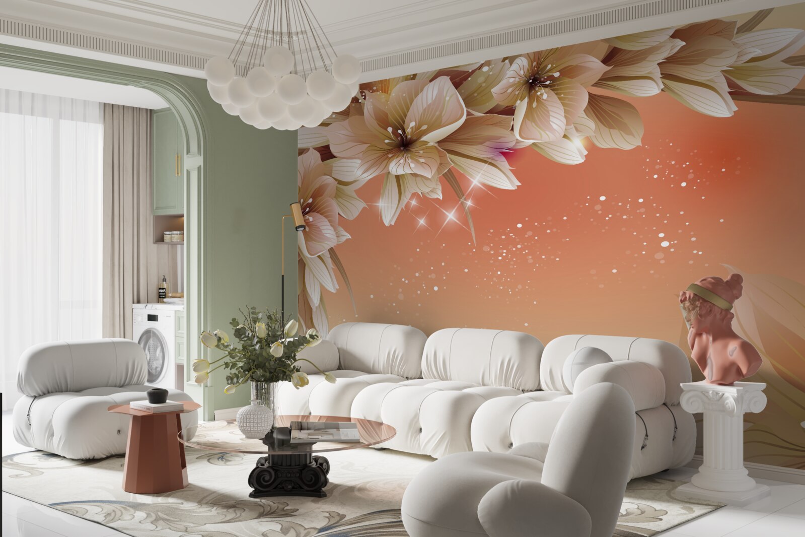 Fototapeta białe kwiaty kwitnące na gałęzi na tle zachodzącego słońca