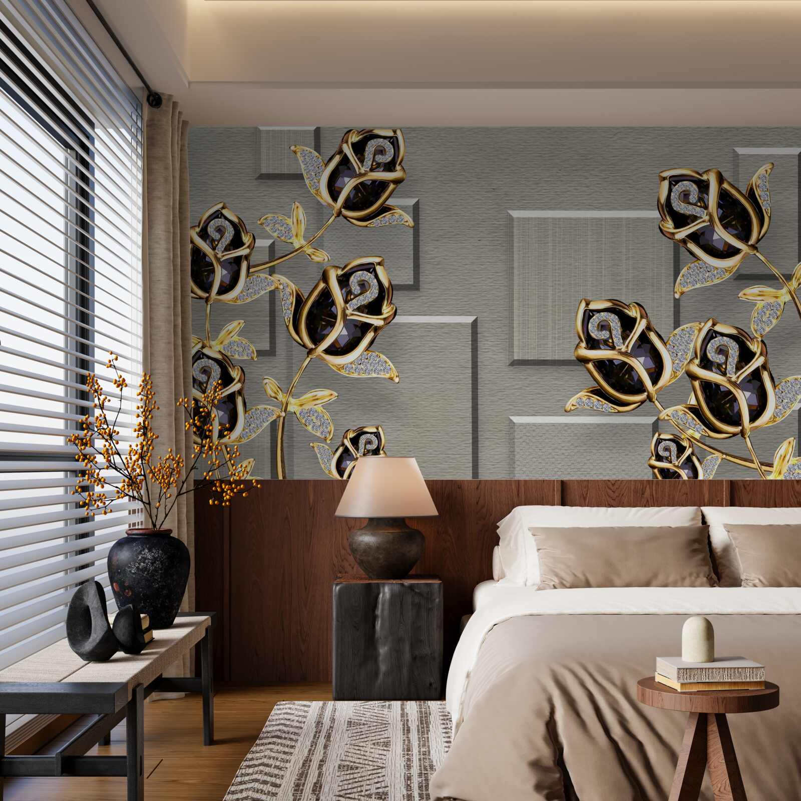 Fototapeta czarne róże ze złotą ramą