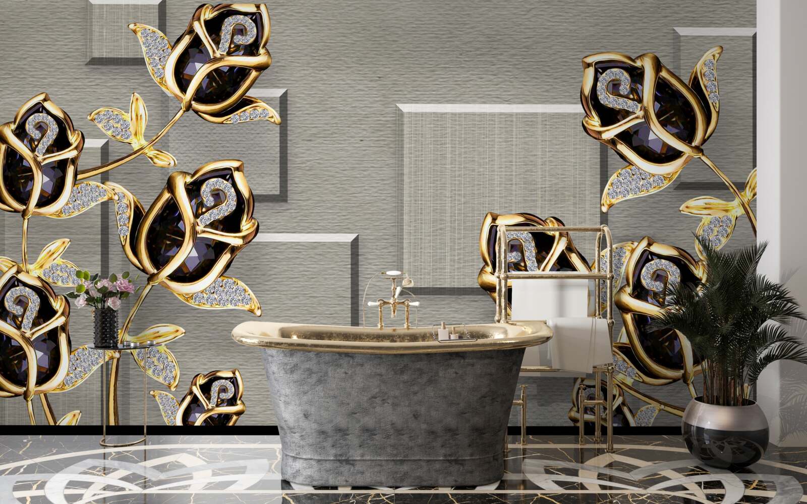 Fototapeta czarne róże ze złotą ramą