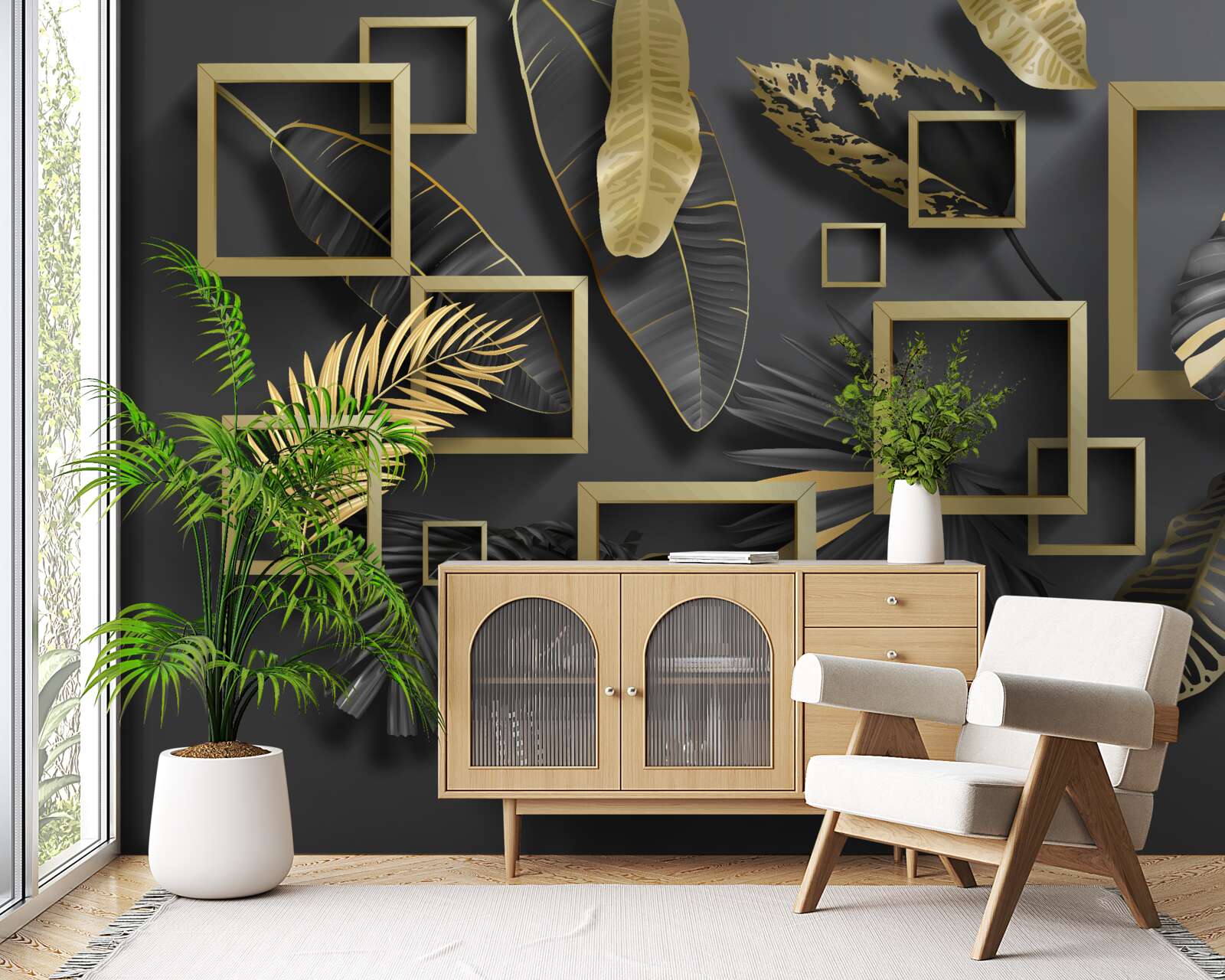 Fototapeta oprawione w czarno-złote pióra