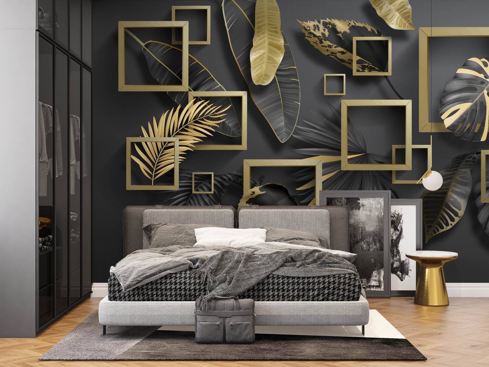 Fototapeta oprawione w czarno-złote pióra