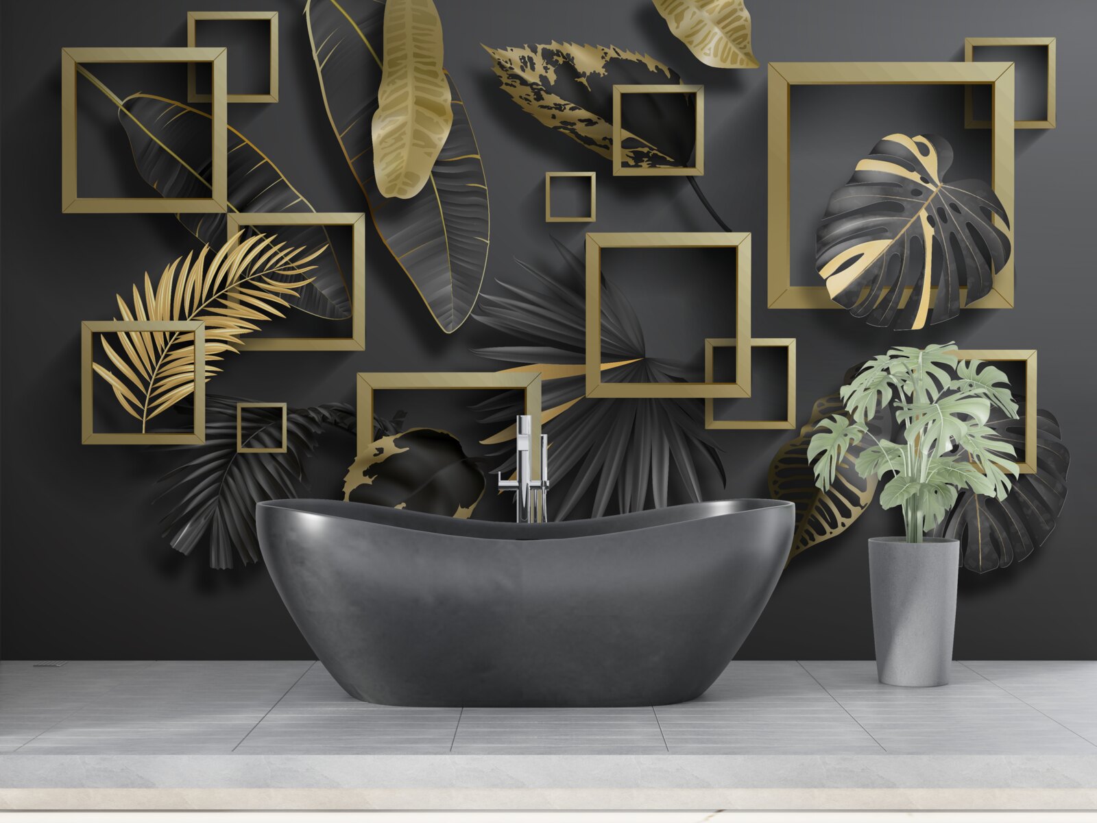 Fototapeta oprawione w czarno-złote pióra