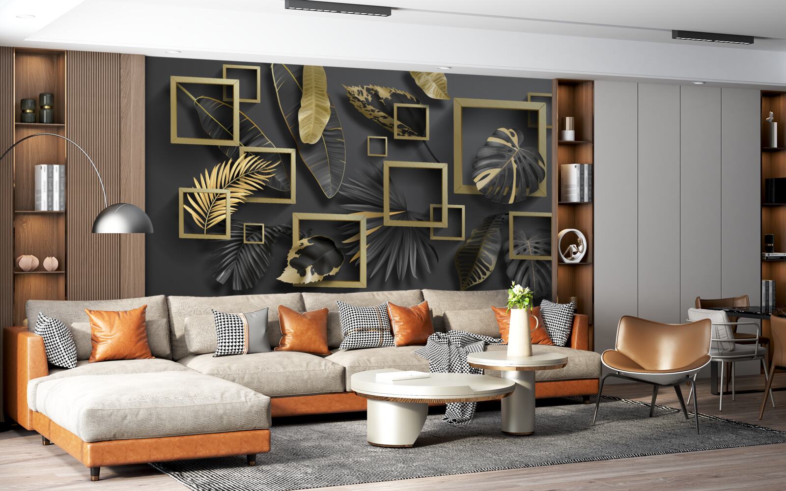 Fototapeta oprawione w czarno-złote pióra