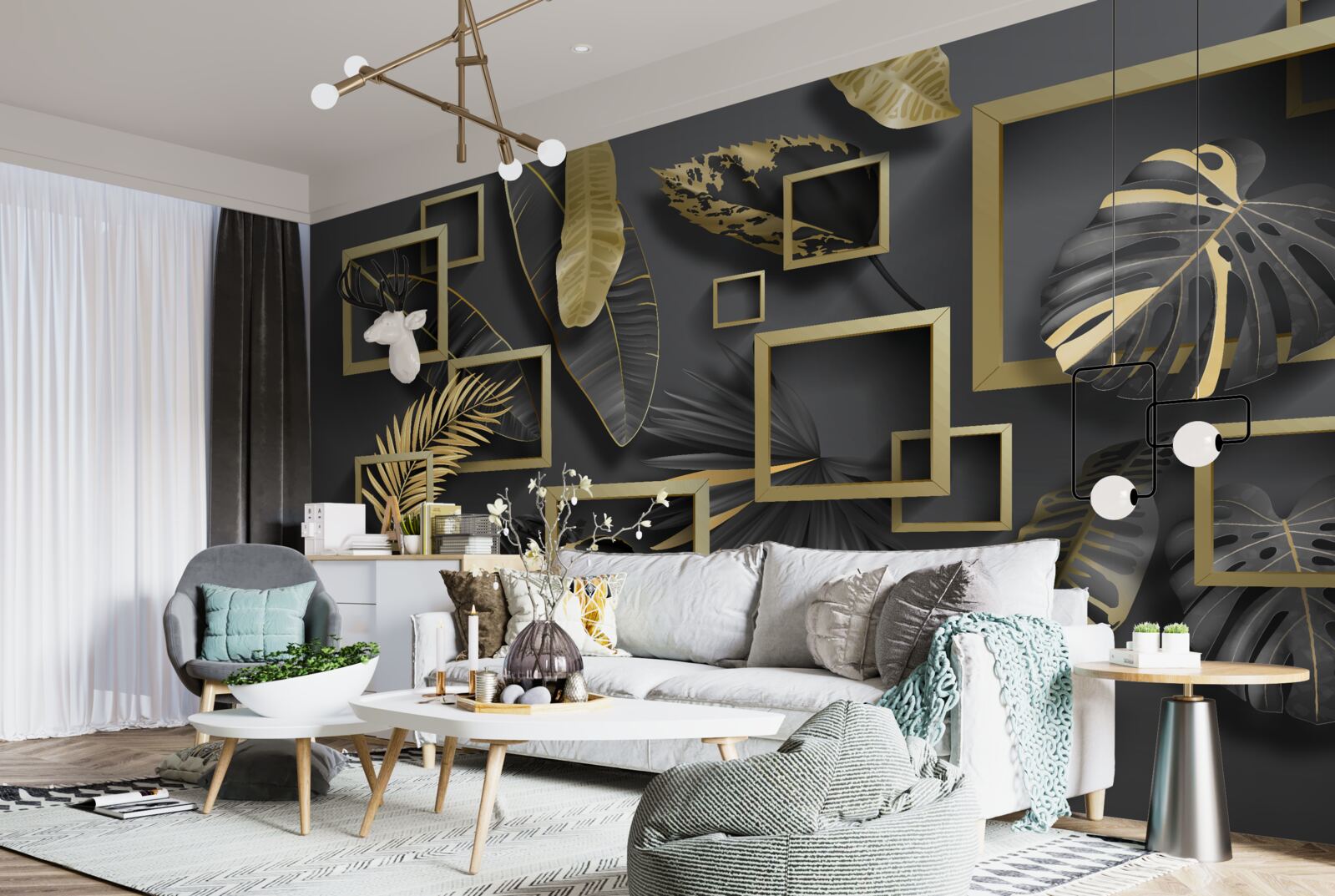 Fototapeta oprawione w czarno-złote pióra