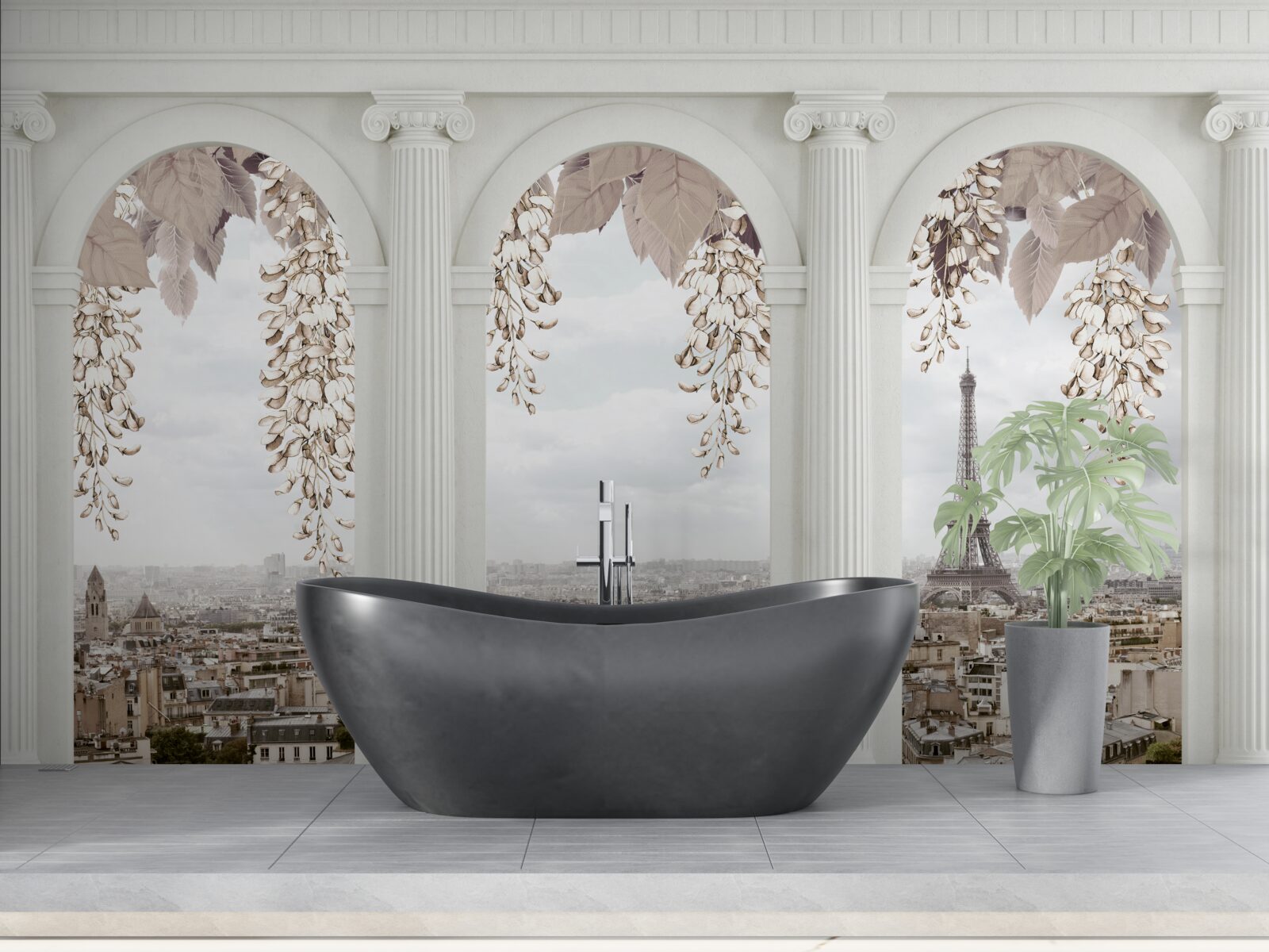 Fototapeta kwiatowe łuki z zapierającymi dech w piersiach widokami na paryż