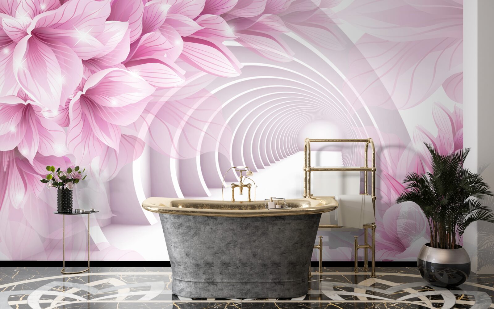 Fototapeta różowe kwiaty i abstrakcyjny tunel