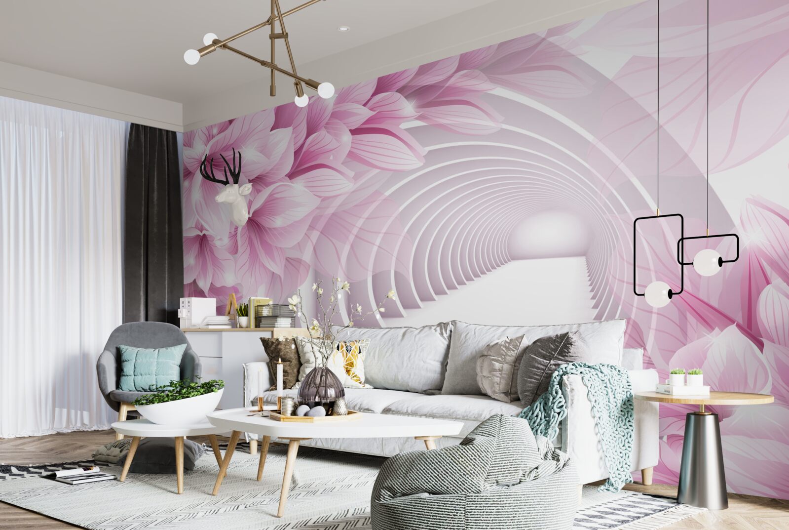 Fototapeta różowe kwiaty i abstrakcyjny tunel