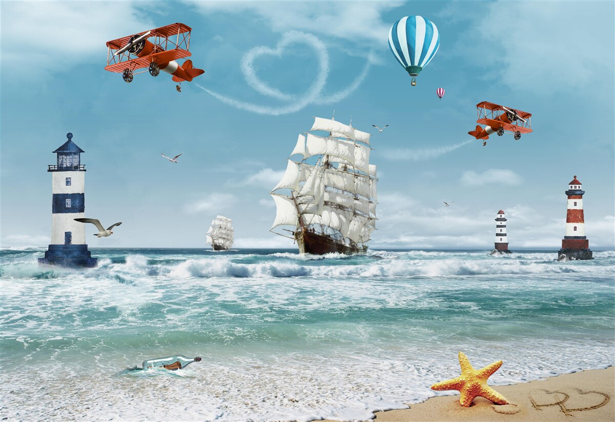 Fototapeta w tle samoloty i latarnie morskie, na tle których wyróżnia się brygantyna