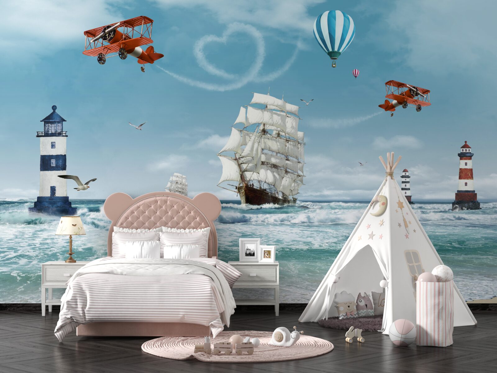 Fototapeta w tle samoloty i latarnie morskie, na tle których wyróżnia się brygantyna