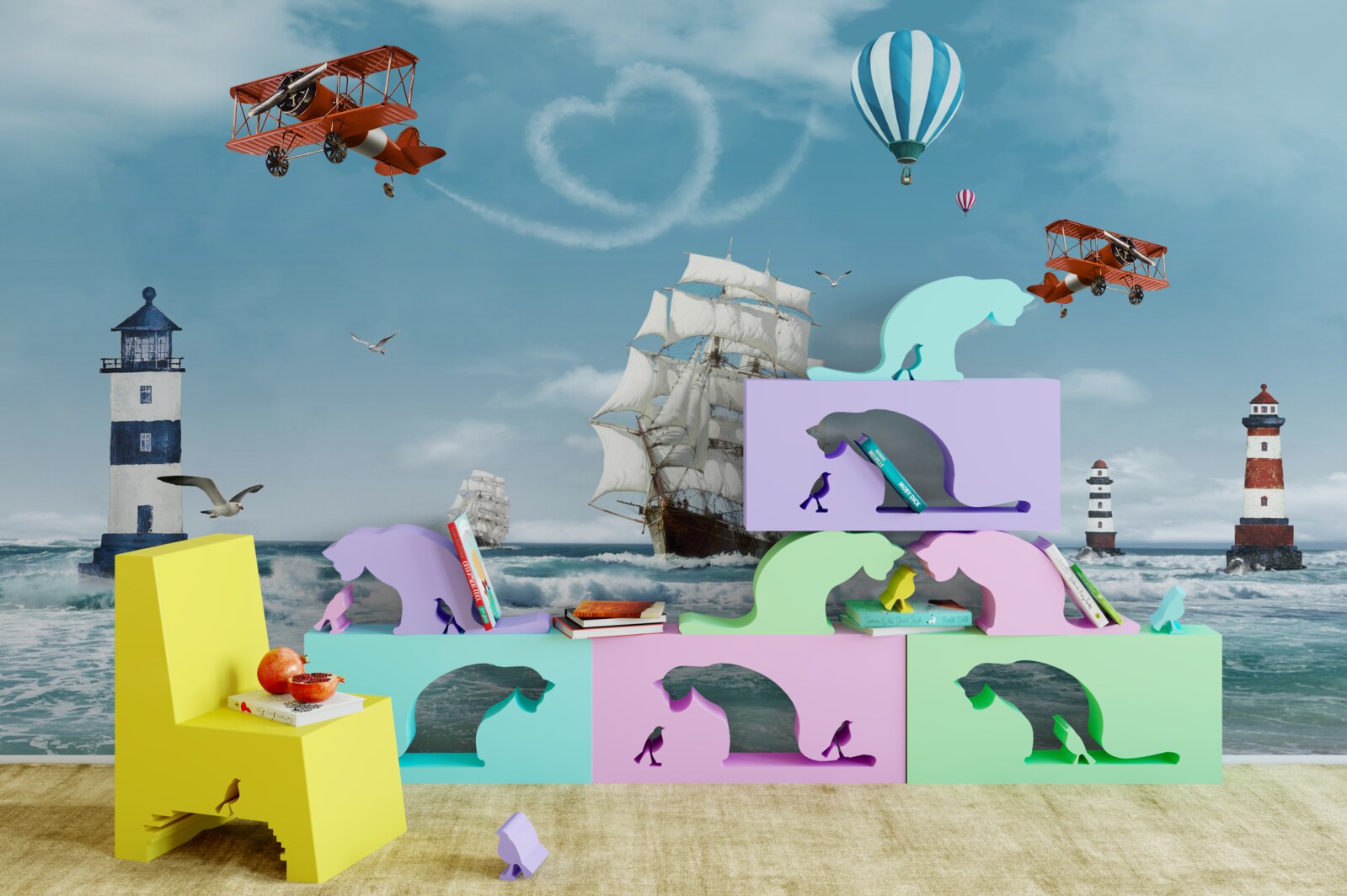 Fototapeta w tle samoloty i latarnie morskie, na tle których wyróżnia się brygantyna