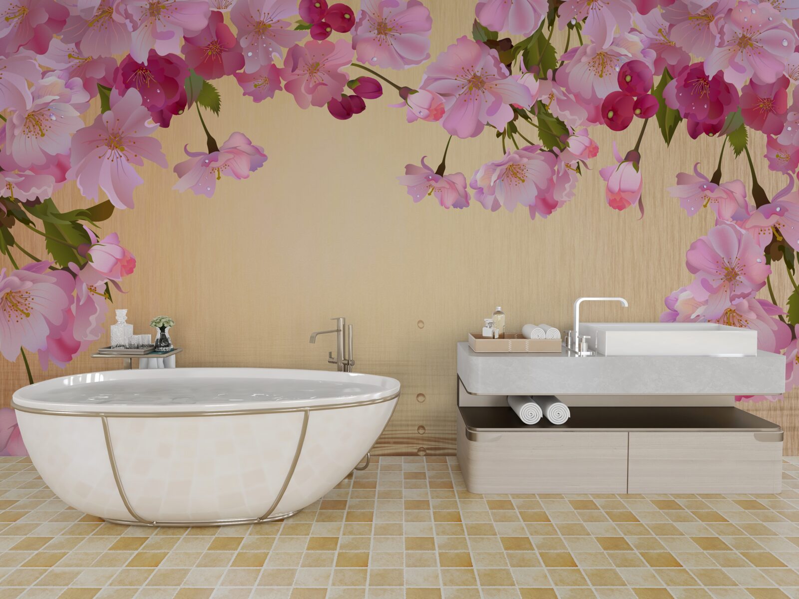 Fototapeta woda pod bujnymi różowymi kwiatami