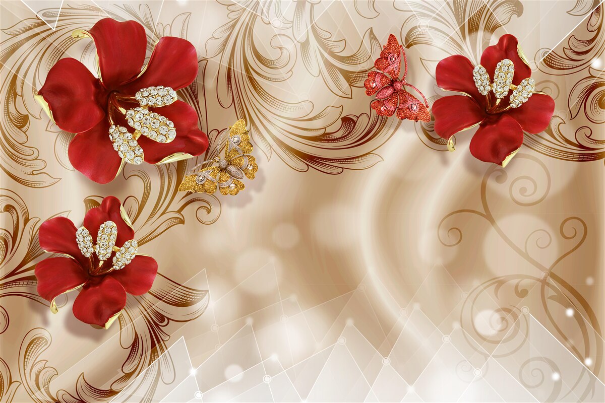 Fototapeta złote gałęzie i czerwone lilie