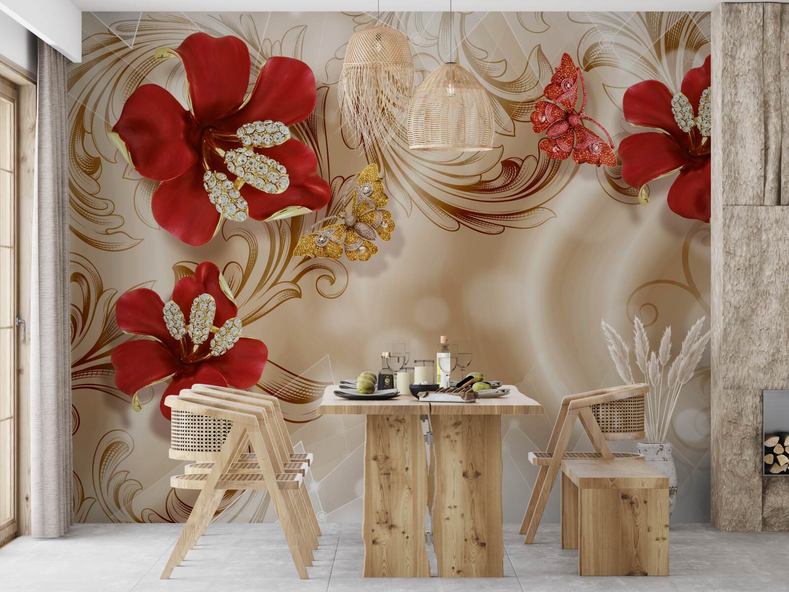 Fototapeta złote gałęzie i czerwone lilie