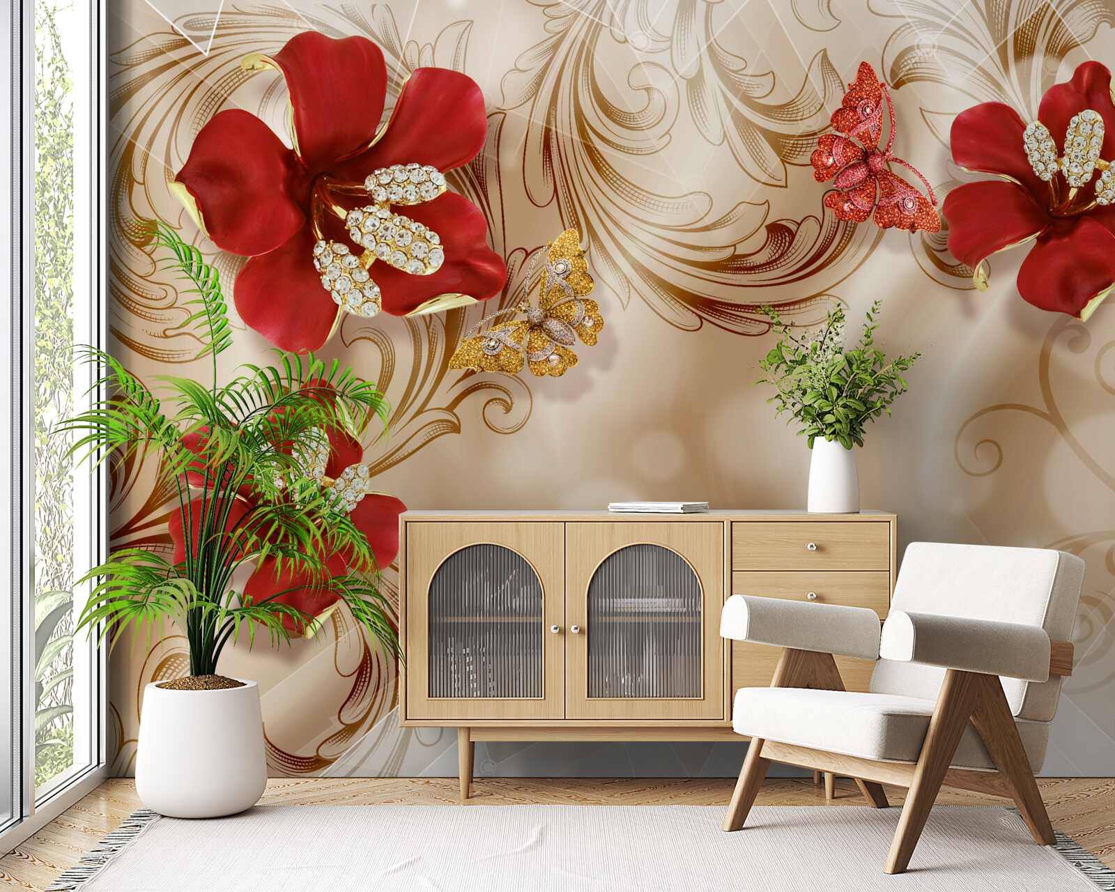 Fototapeta złote gałęzie i czerwone lilie