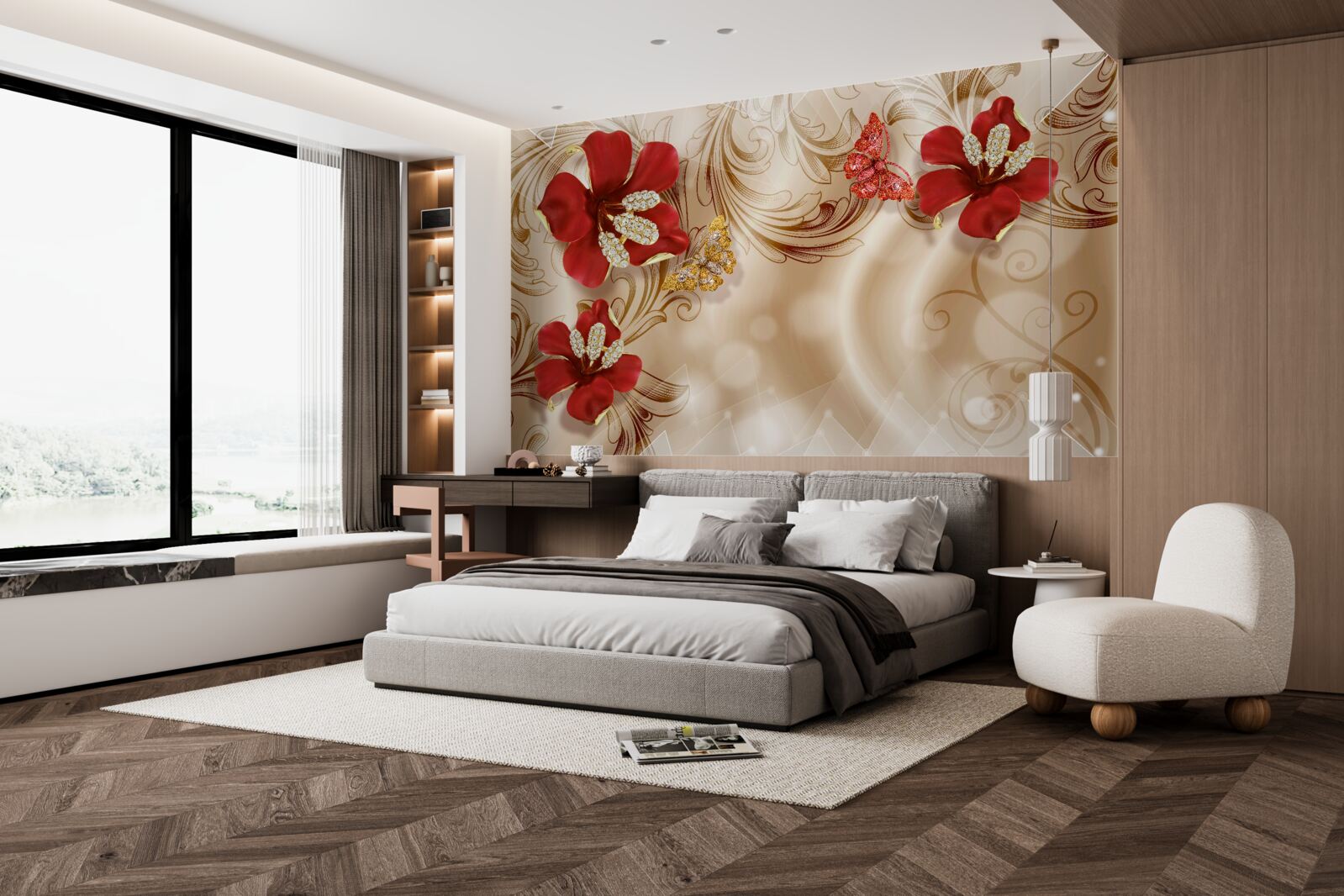 Fototapeta złote gałęzie i czerwone lilie