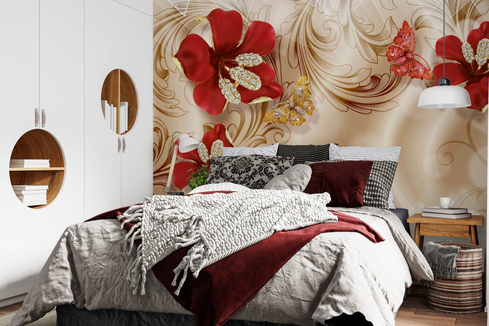 Fototapeta złote gałęzie i czerwone lilie