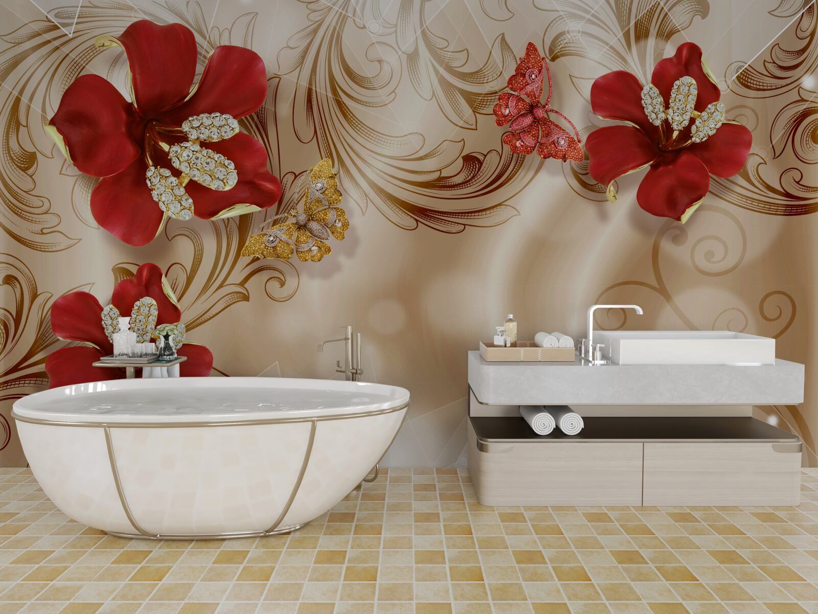 Fototapeta złote gałęzie i czerwone lilie