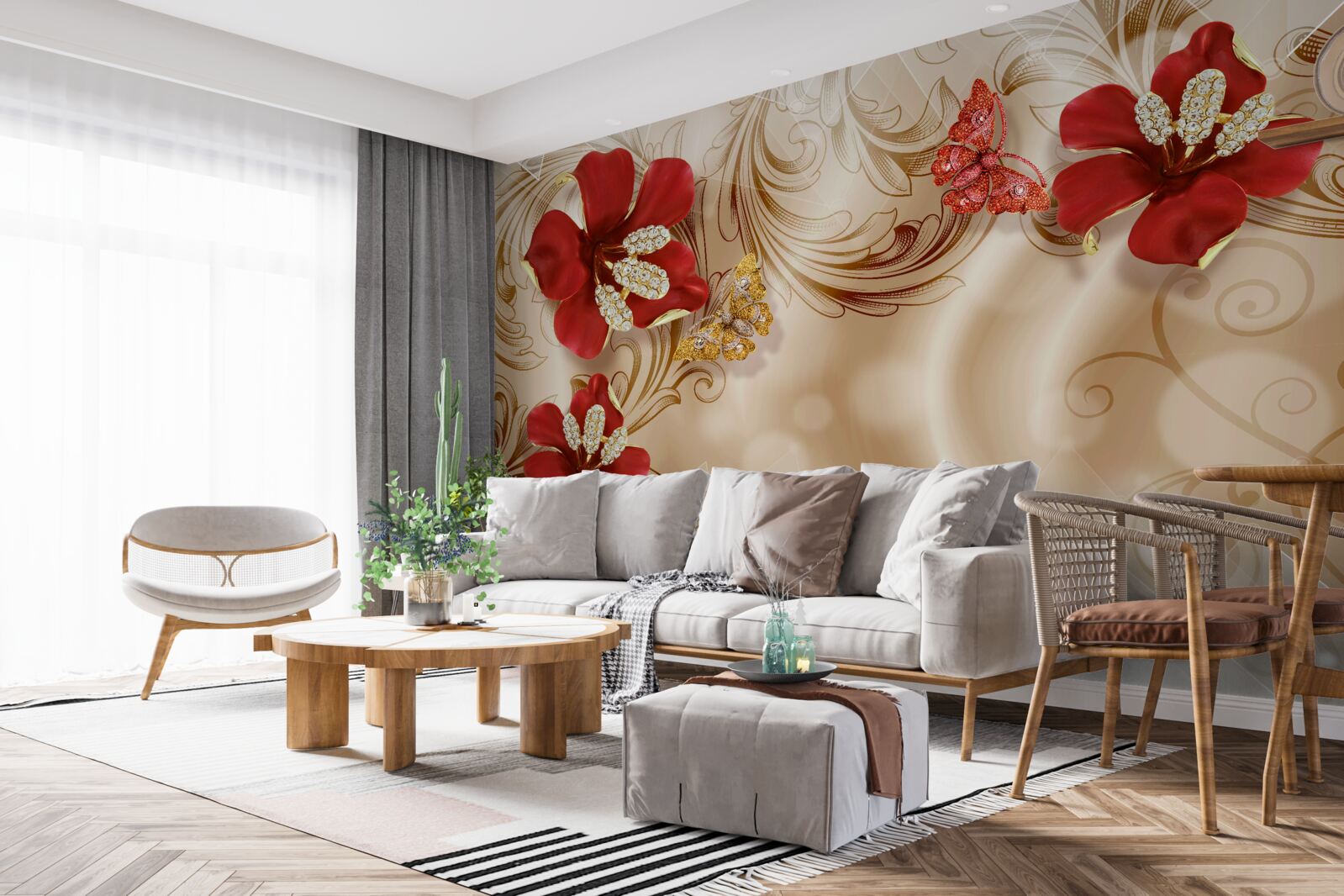 Fototapeta złote gałęzie i czerwone lilie