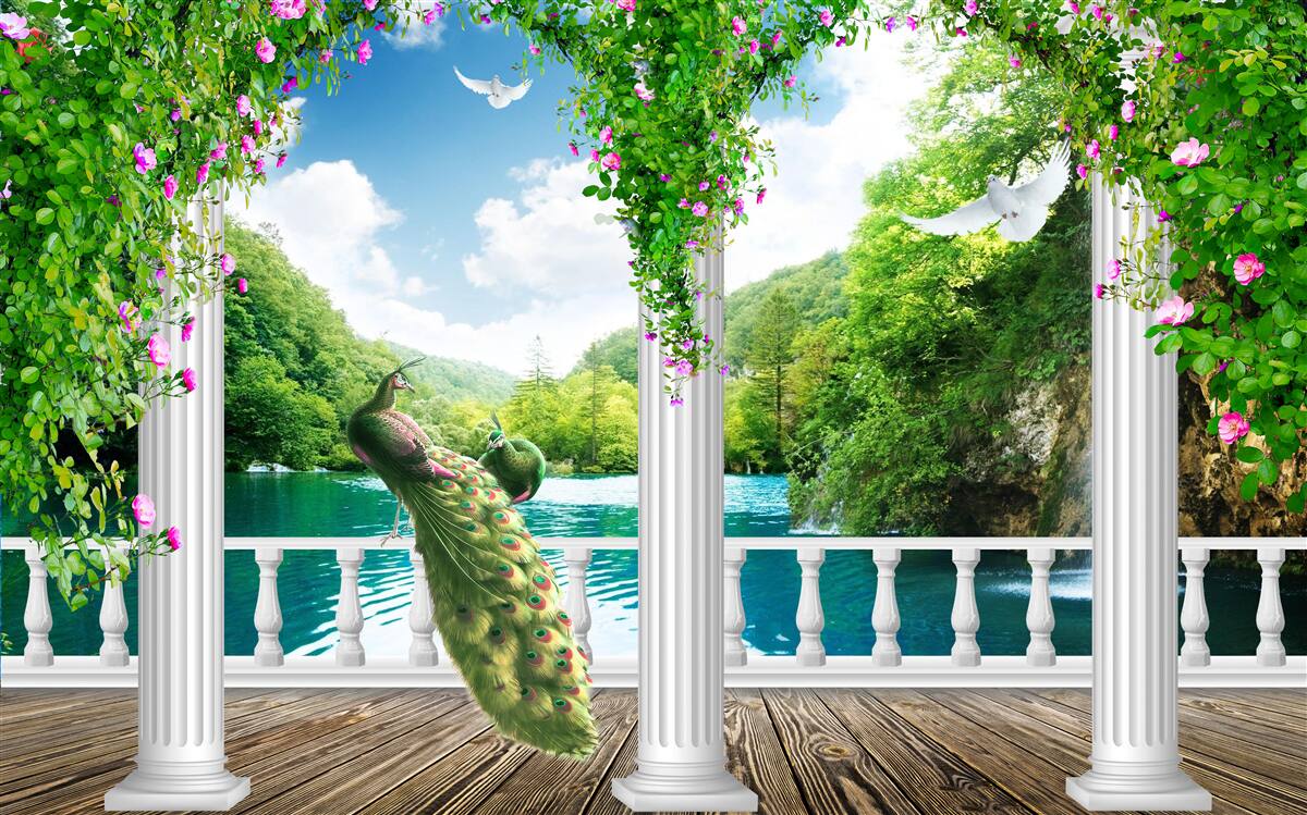 Fototapeta kolumnada nad jeziorem, porośnięta zaroślami