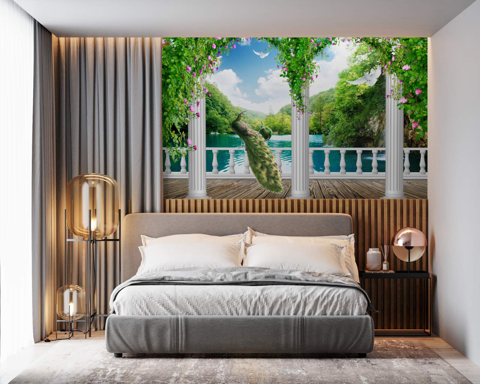 Fototapeta kolumnada nad jeziorem, porośnięta zaroślami