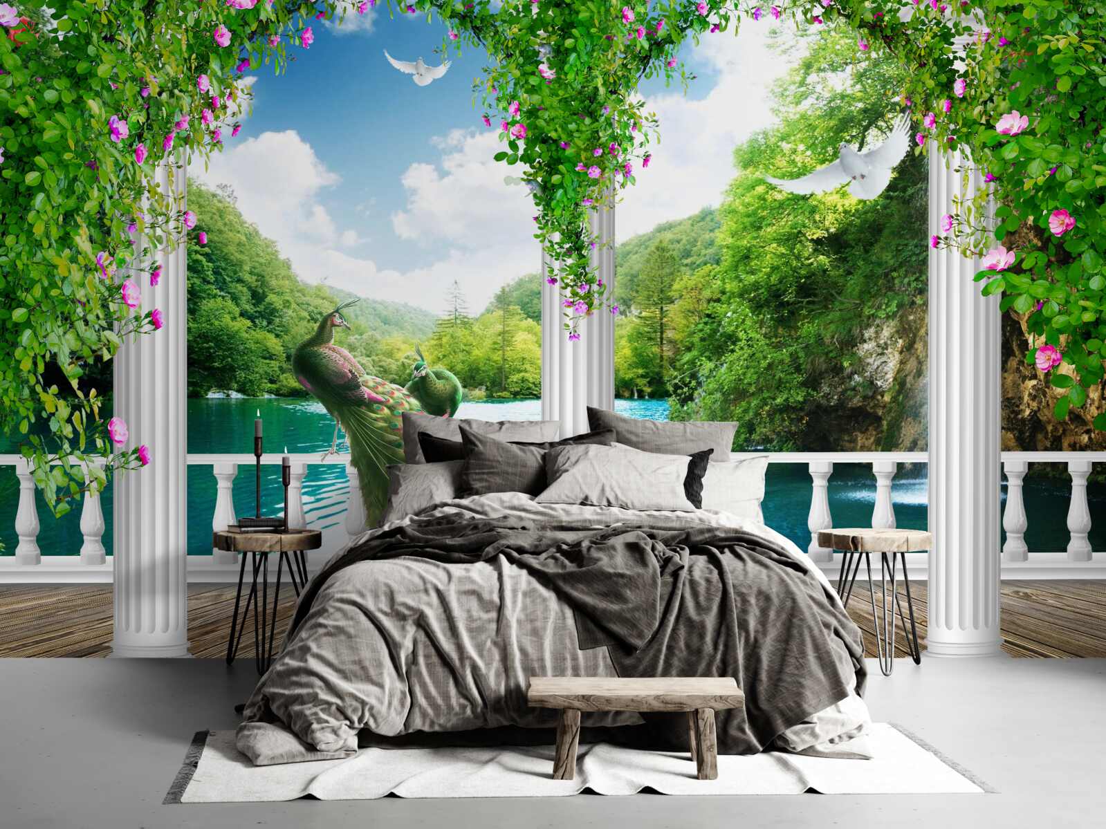 Fototapeta kolumnada nad jeziorem, porośnięta zaroślami