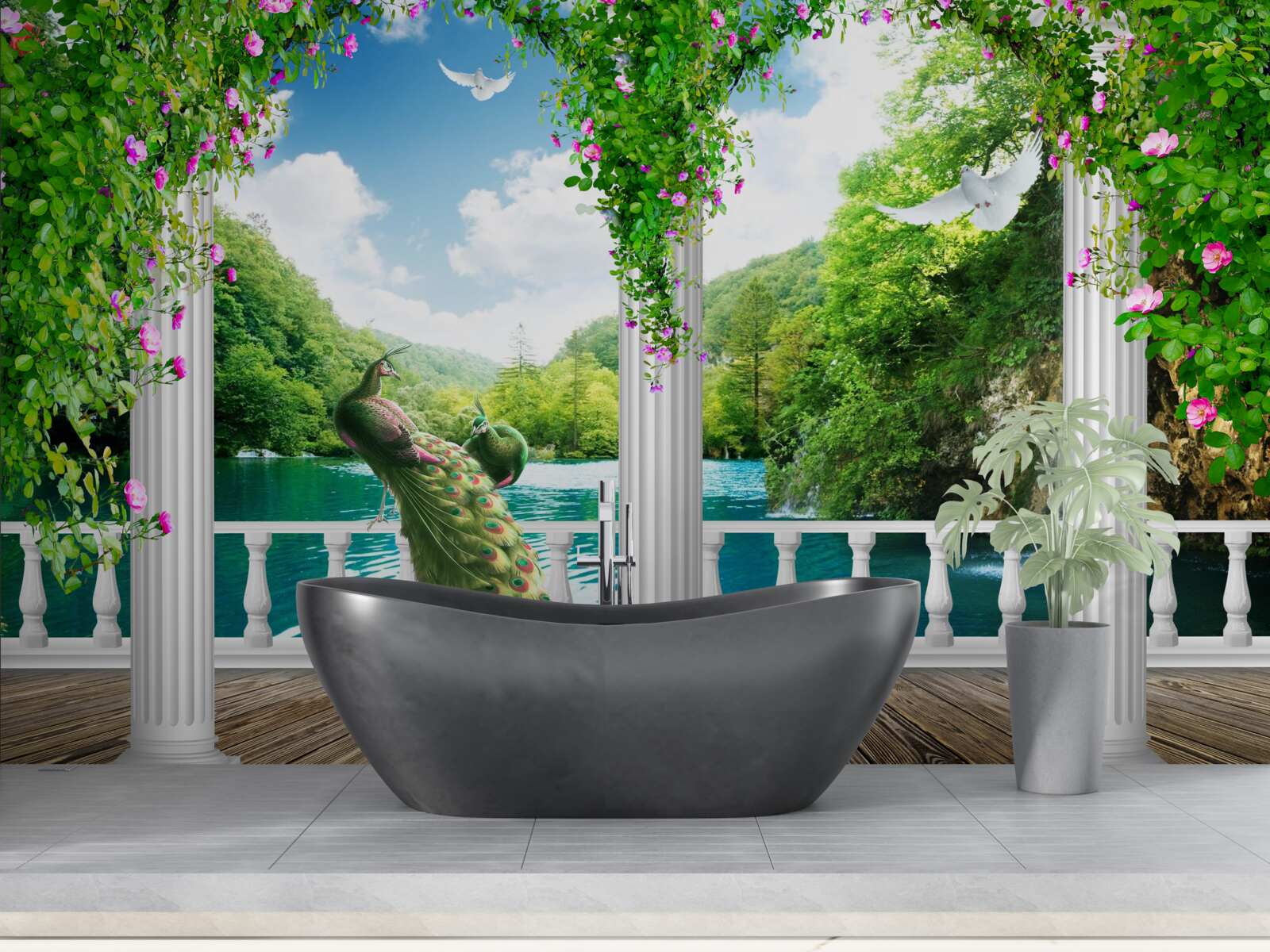 Fototapeta kolumnada nad jeziorem, porośnięta zaroślami