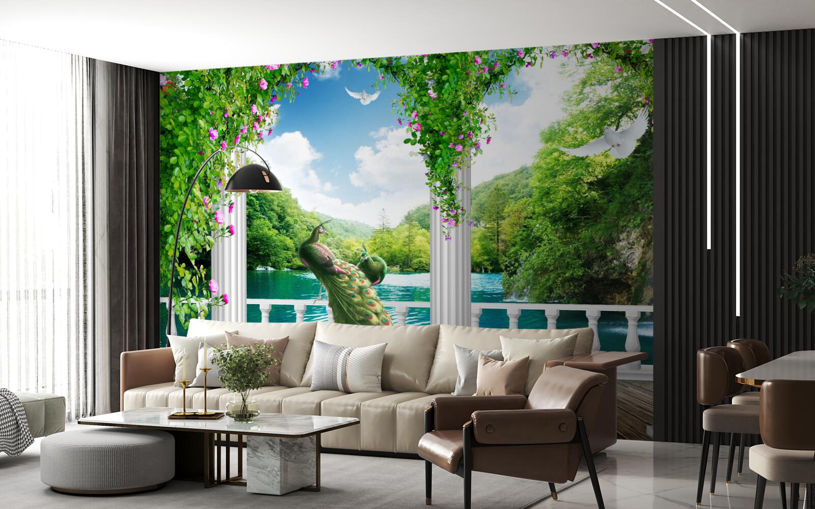 Fototapeta kolumnada nad jeziorem, porośnięta zaroślami