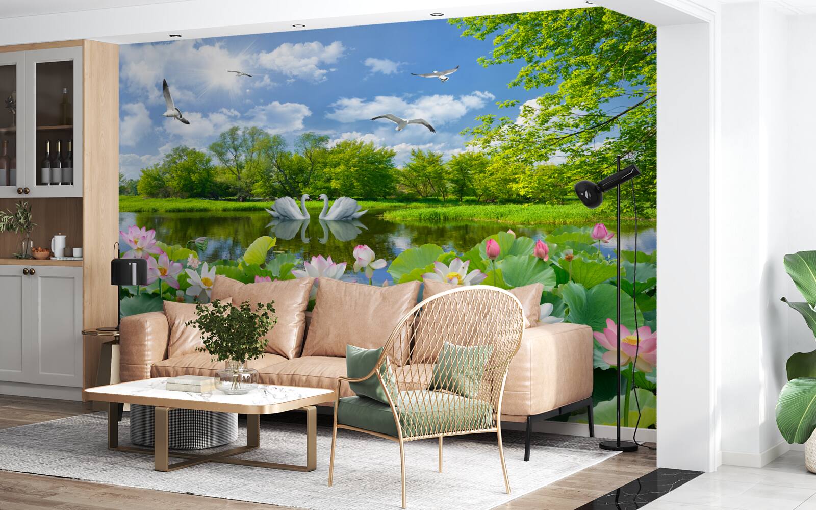 Fototapeta dwa łabędzie pływają po stawie z liliami wodnymi