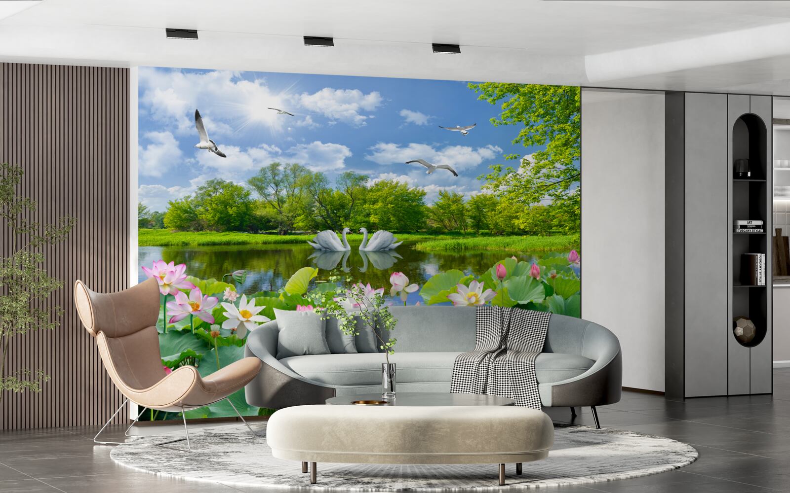 Fototapeta dwa łabędzie pływają po stawie z liliami wodnymi