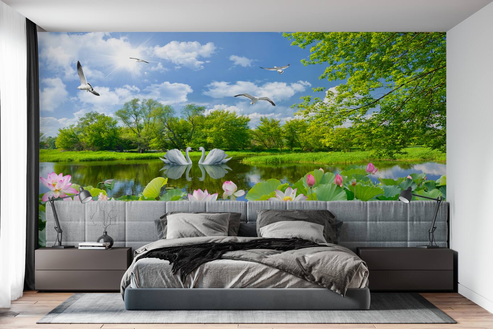 Fototapeta dwa łabędzie pływają po stawie z liliami wodnymi