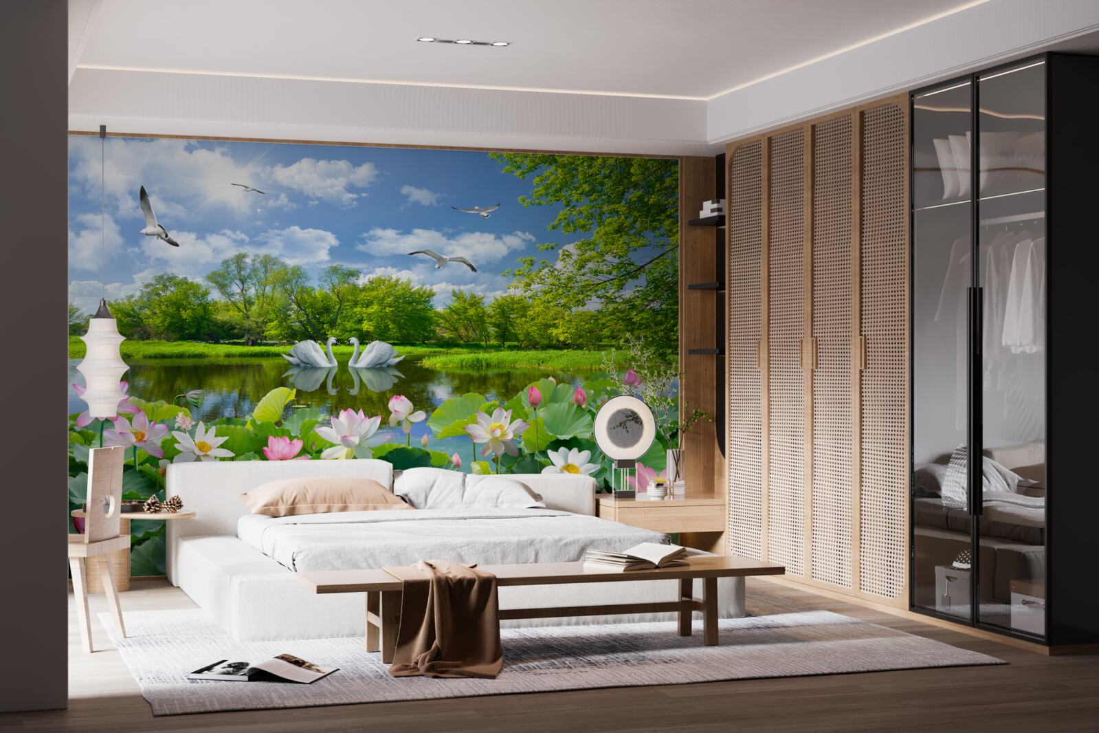 Fototapeta dwa łabędzie pływają po stawie z liliami wodnymi