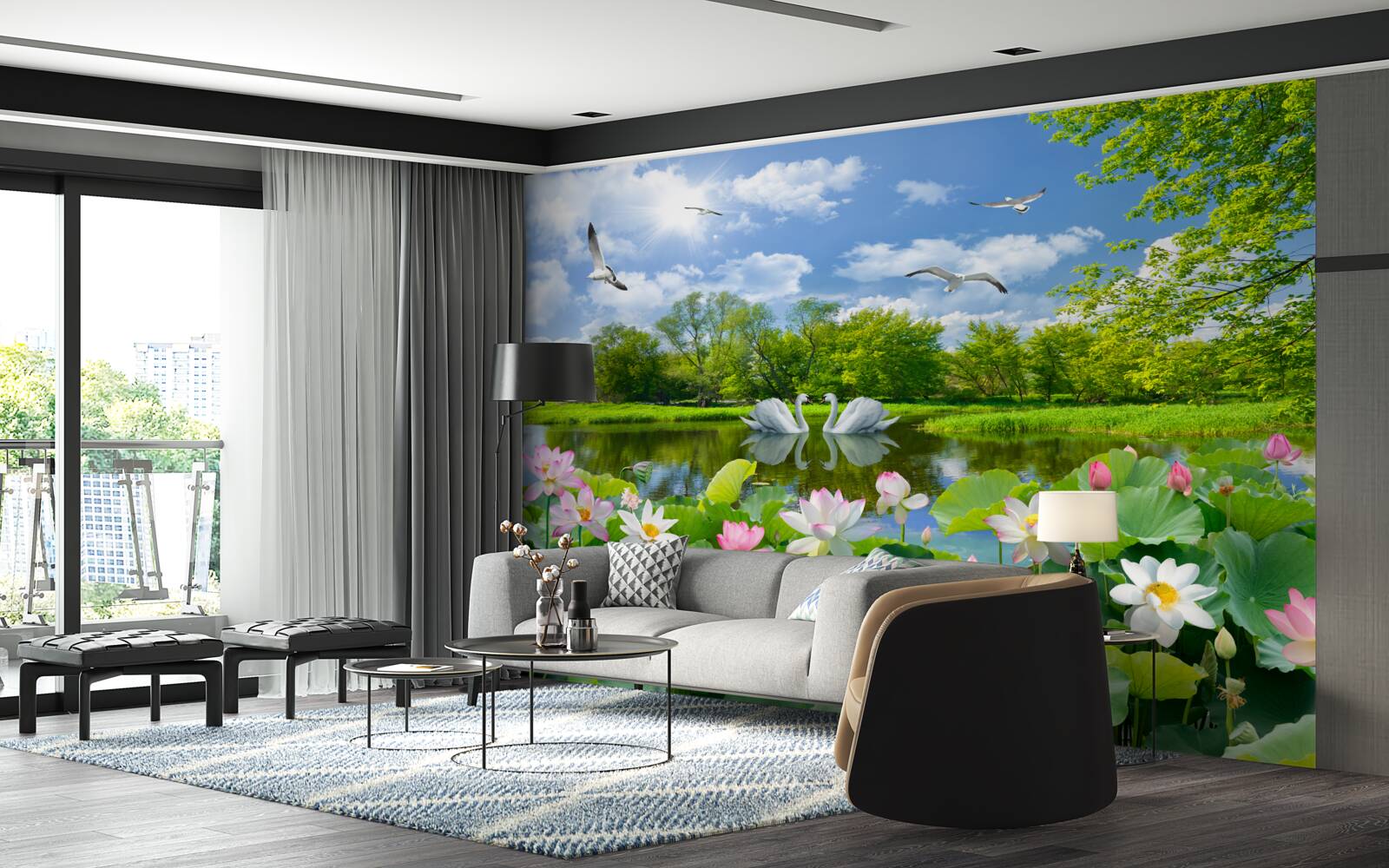 Fototapeta dwa łabędzie pływają po stawie z liliami wodnymi