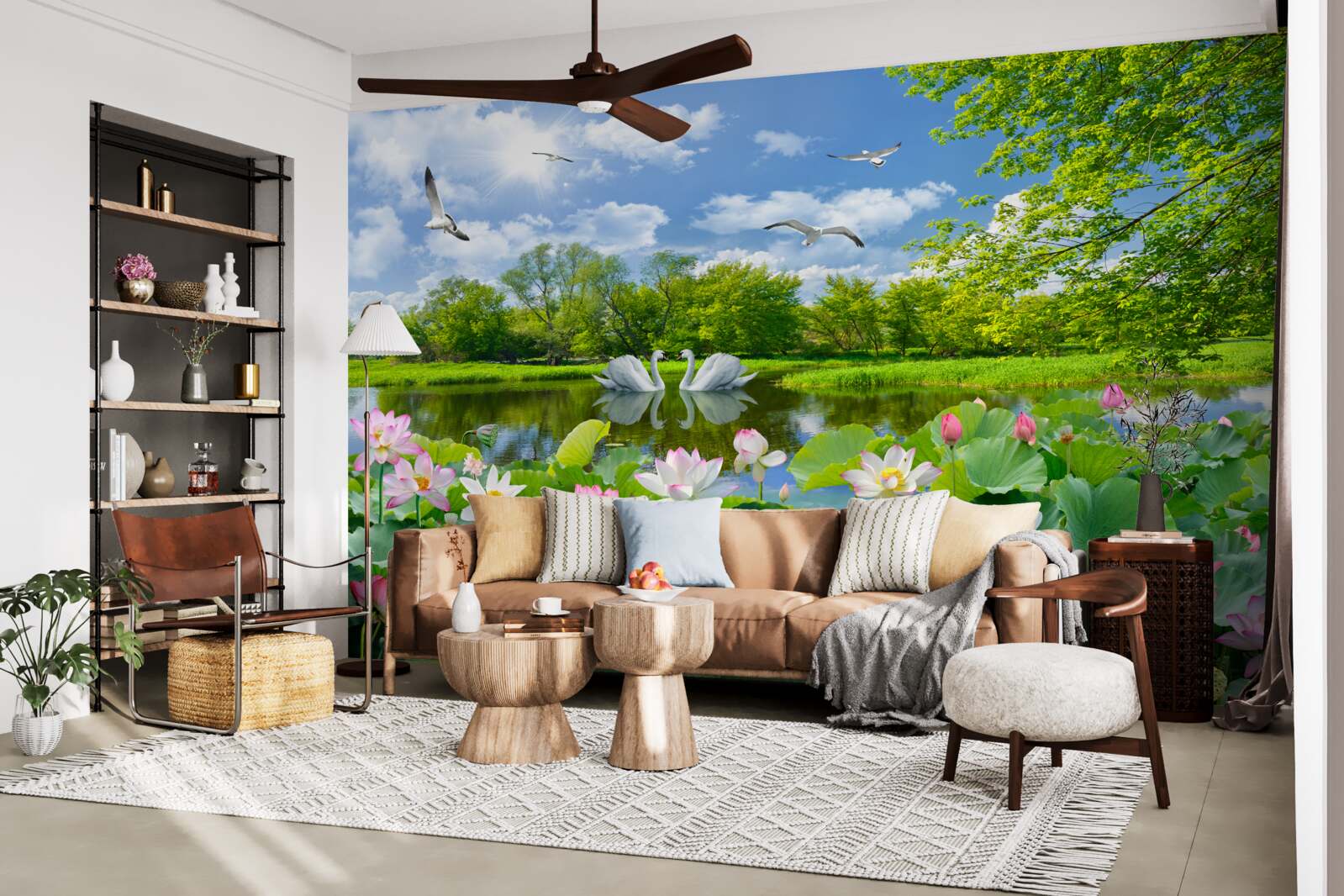 Fototapeta dwa łabędzie pływają po stawie z liliami wodnymi