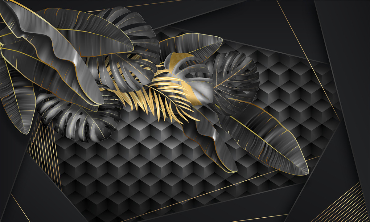 Fototapeta czarne pióra z fakturą i złotym podziałem