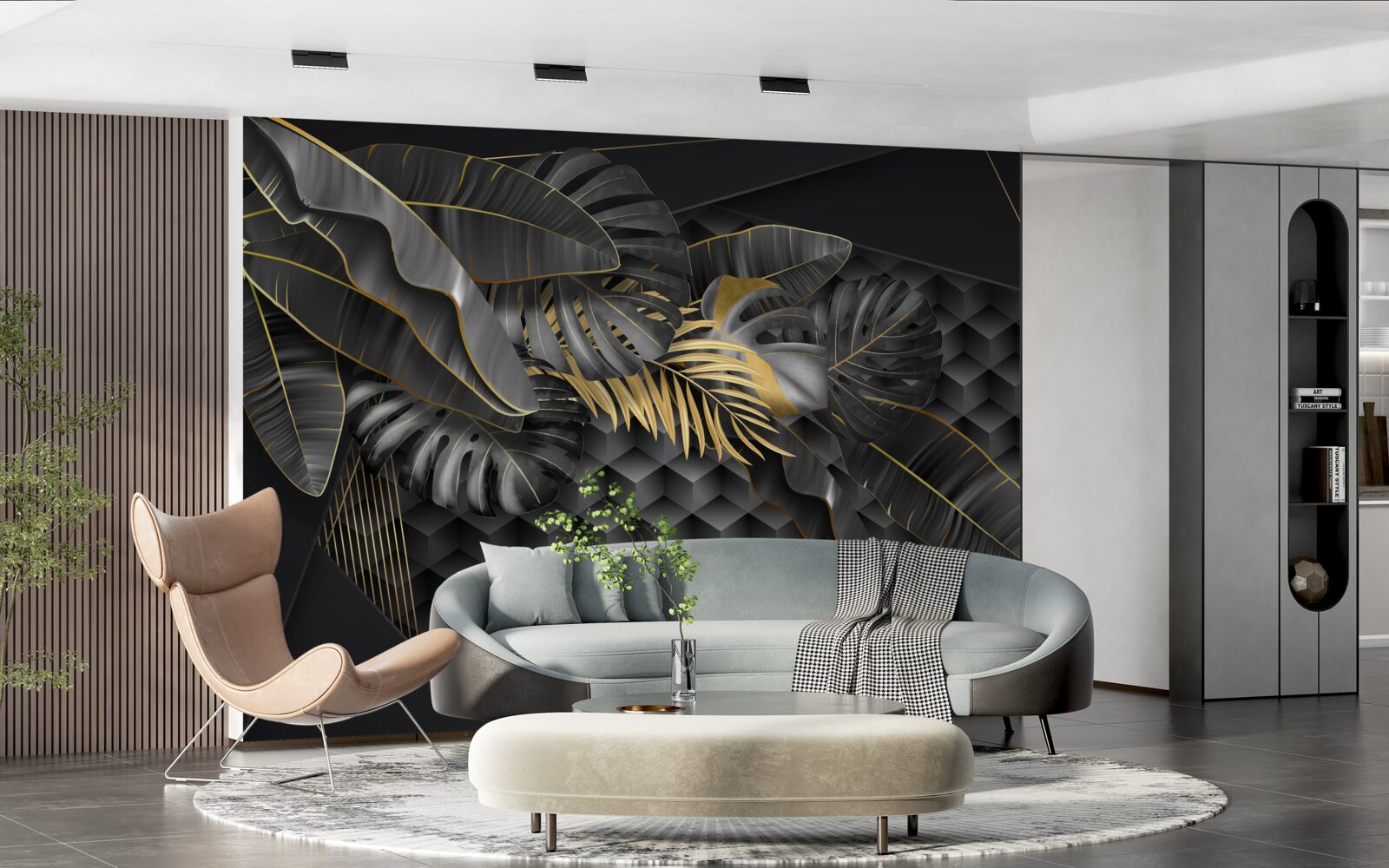 Fototapeta czarne pióra z fakturą i złotym podziałem