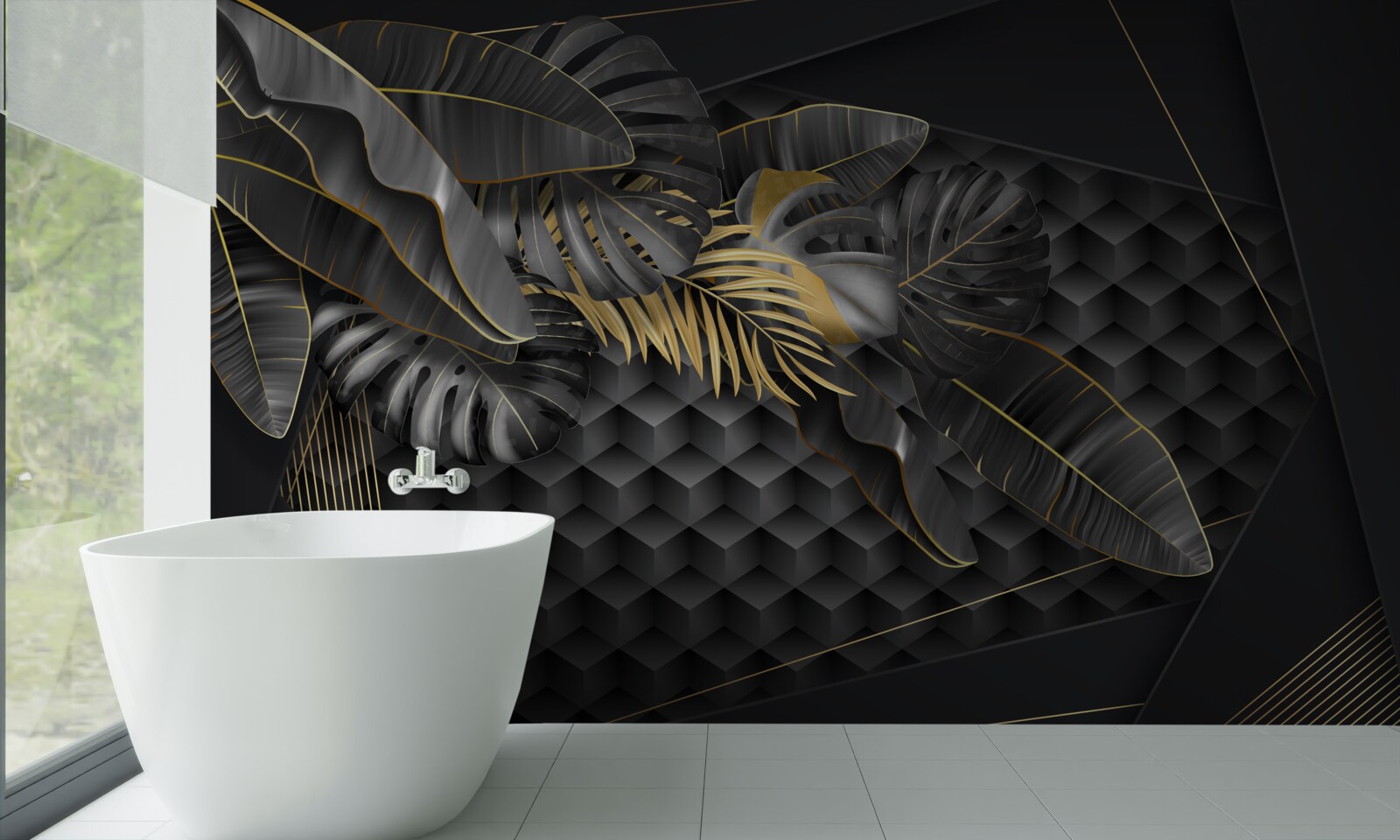 Fototapeta czarne pióra z fakturą i złotym podziałem