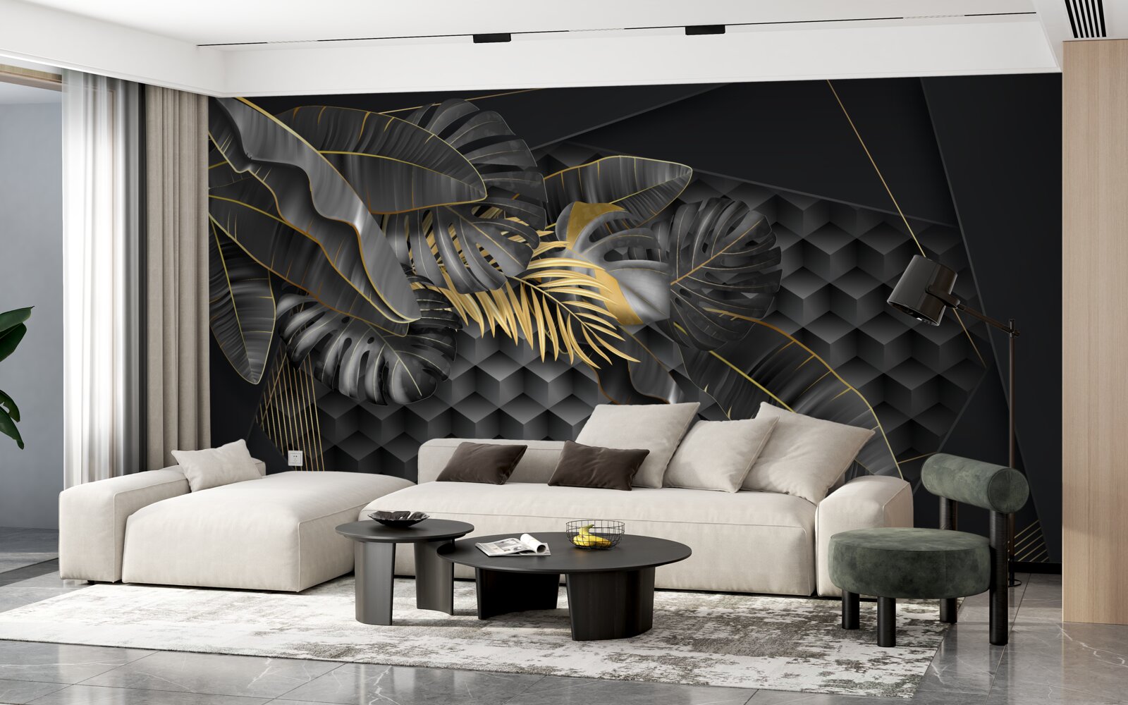 Fototapeta czarne pióra z fakturą i złotym podziałem