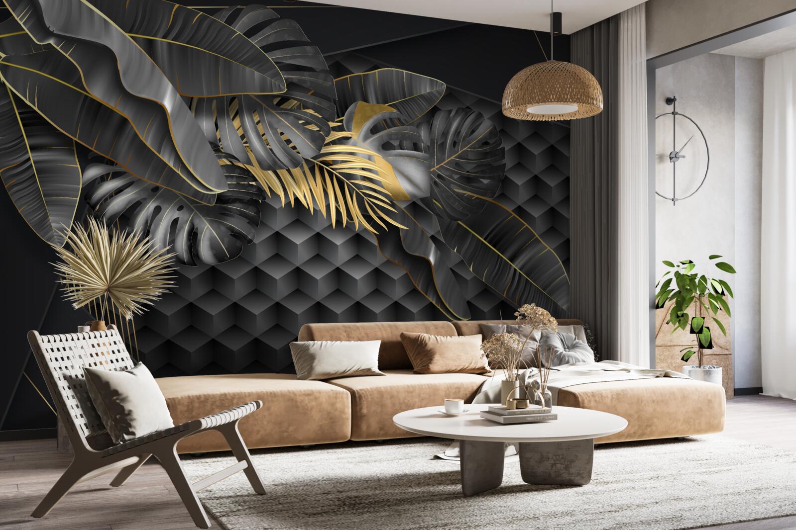 Fototapeta czarne pióra z fakturą i złotym podziałem