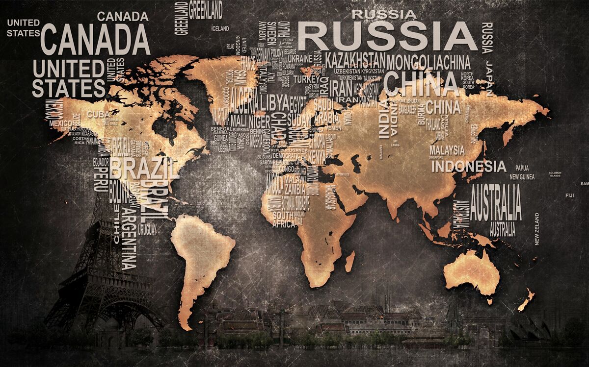 Fototapeta mapa świata w ciemnych kolorach ze wskazaniem nazw największych stanów