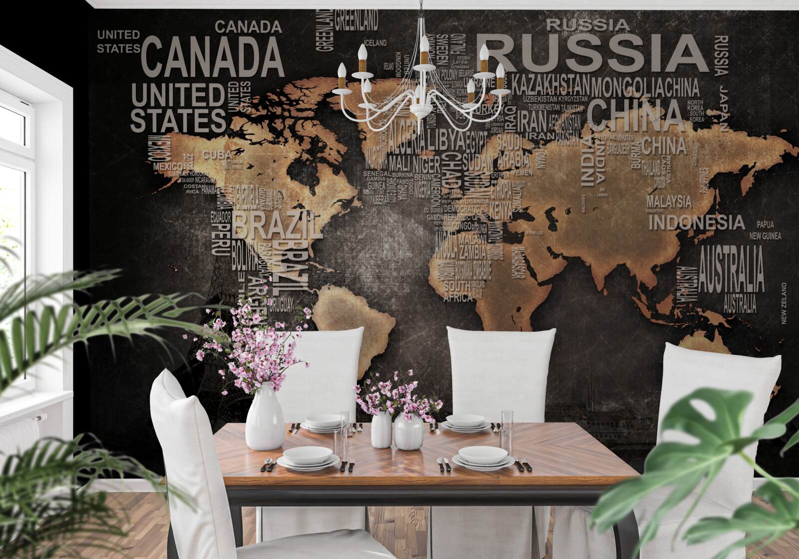Fototapeta mapa świata w ciemnych kolorach ze wskazaniem nazw największych stanów
