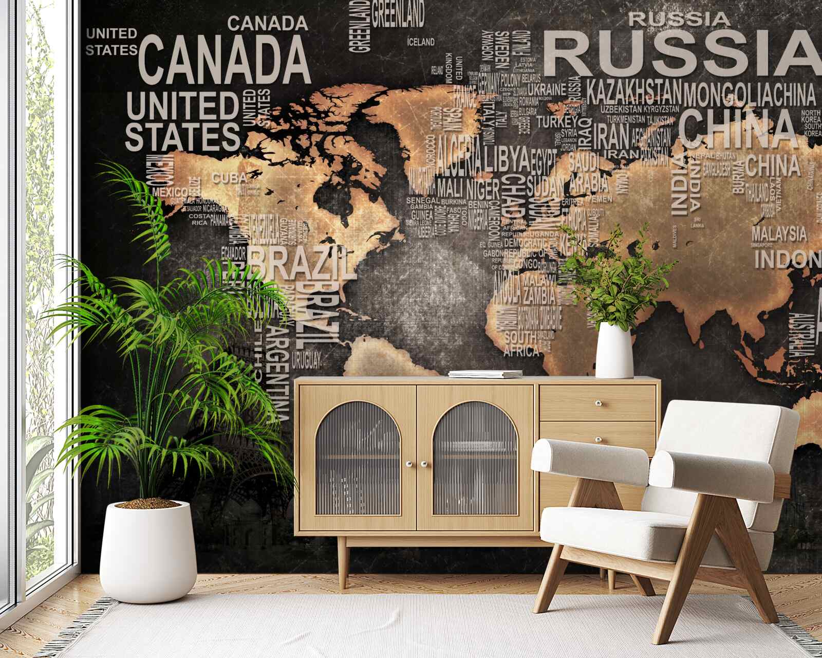 Fototapeta mapa świata w ciemnych kolorach ze wskazaniem nazw największych stanów