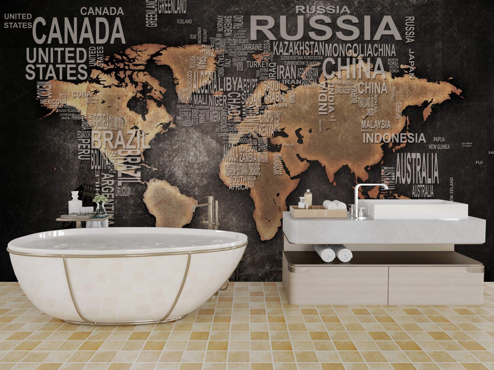 Fototapeta mapa świata w ciemnych kolorach ze wskazaniem nazw największych stanów