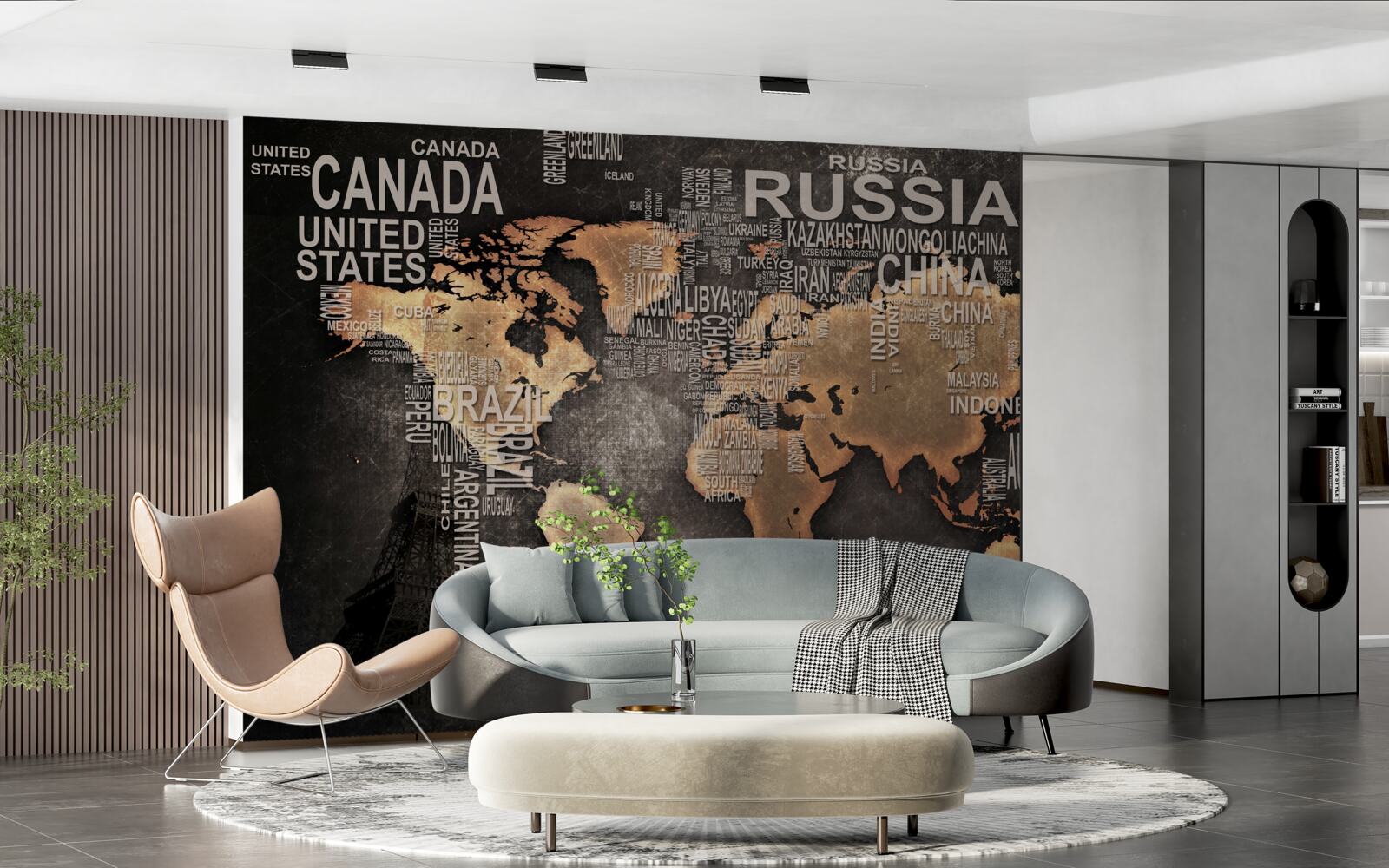 Fototapeta mapa świata w ciemnych kolorach ze wskazaniem nazw największych stanów