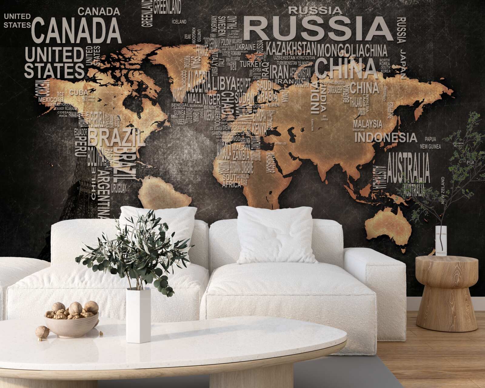 Fototapeta mapa świata w ciemnych kolorach ze wskazaniem nazw największych stanów