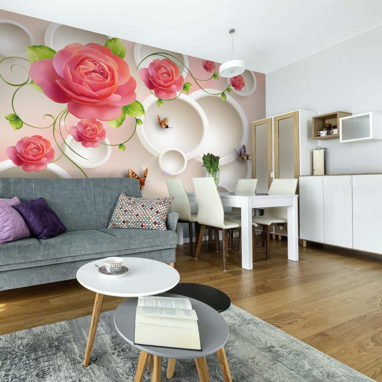 Fototapeta szkarłatne kwiaty róży i białe kółka