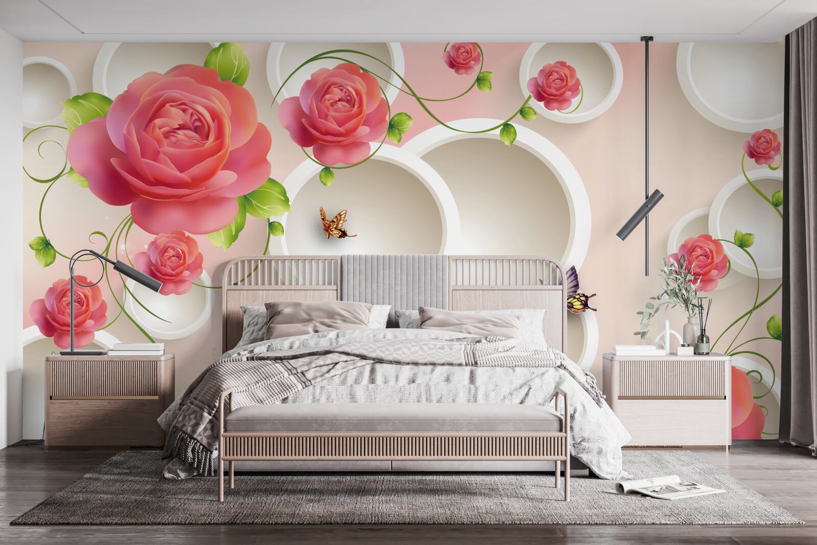 Fototapeta szkarłatne kwiaty róży i białe kółka