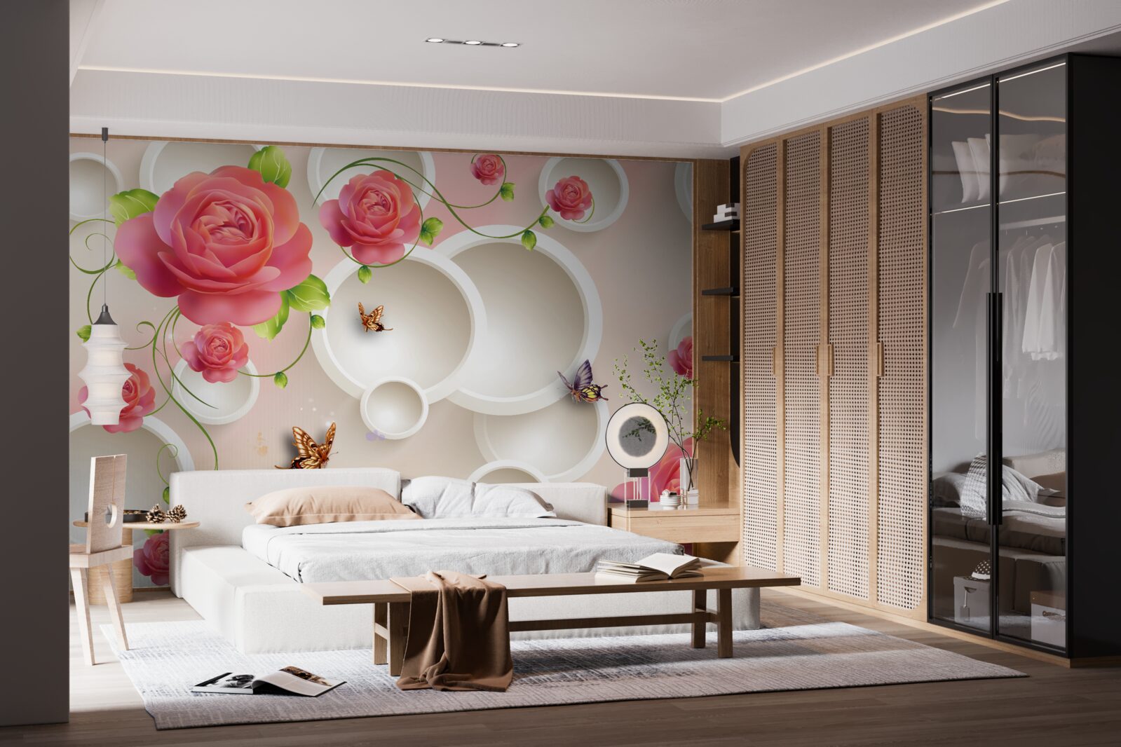 Fototapeta szkarłatne kwiaty róży i białe kółka