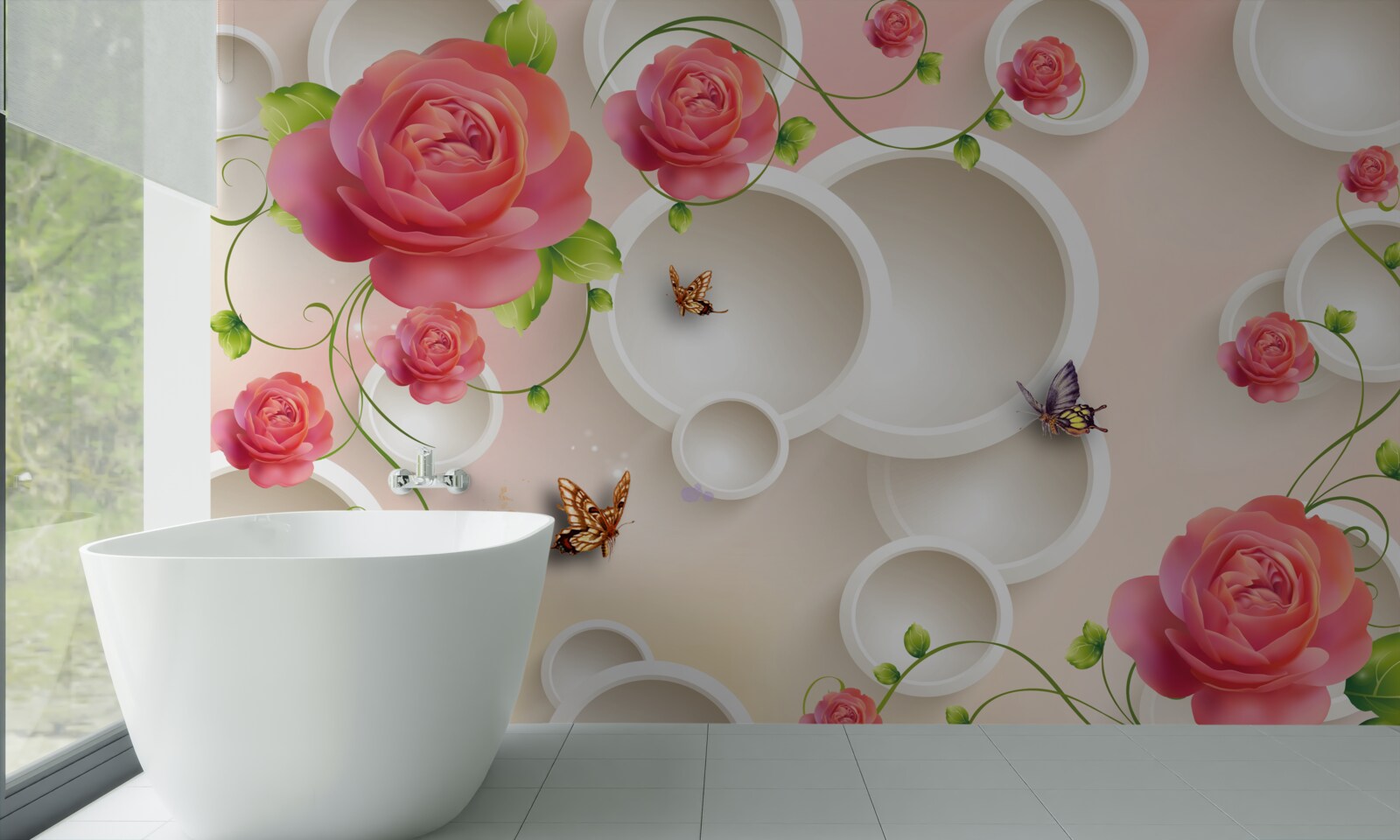 Fototapeta szkarłatne kwiaty róży i białe kółka