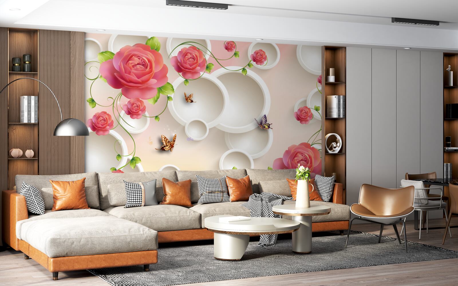 Fototapeta szkarłatne kwiaty róży i białe kółka